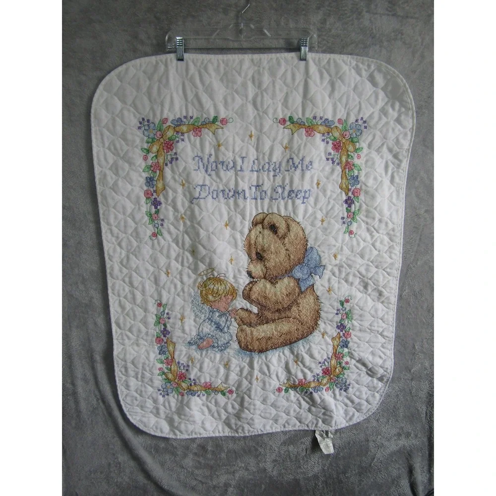 Vintage‎ Quilted Baby Blanket Now I Lay Me Down To Sleep Teddy Bear Angel White
